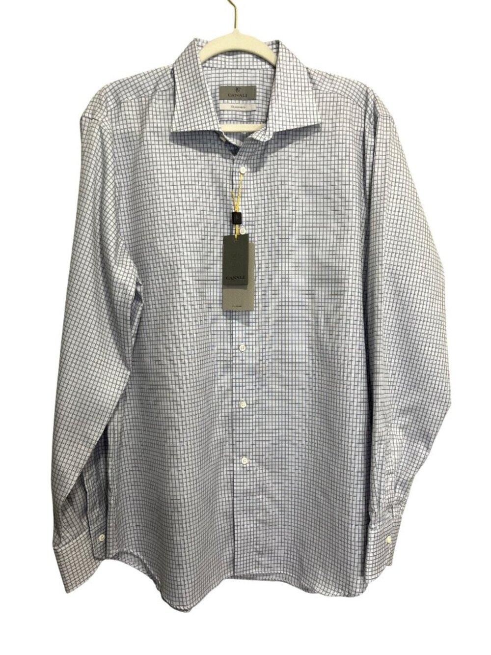 Canali Mens Neck Size 17" Dress Shirt Impeccabile Checkered Blue Gray Italy NEW